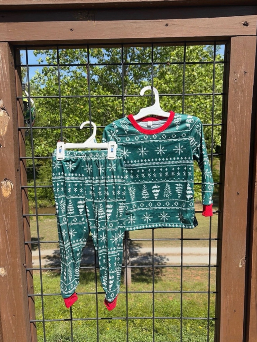 Kids Green Holiday Pajama Set with Red Trim